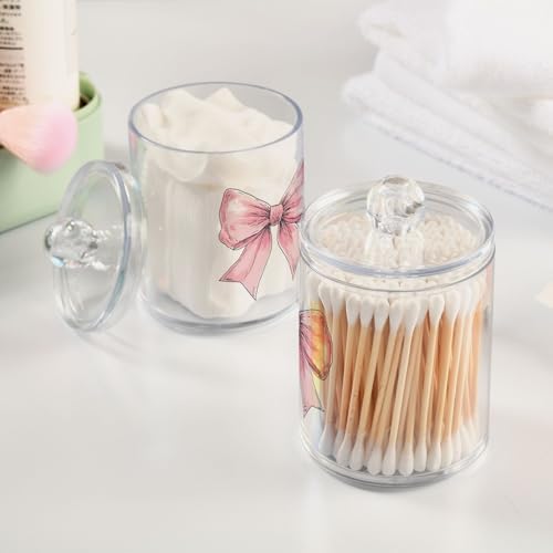 Fustylead 4 Pack Hand Draw Pink Bow Sketch Plastic Apothecary Jar Set for Bathroom Storage, Qtip Holder Dispensers for Cotton Ball, Swab, Round Pads, Floss