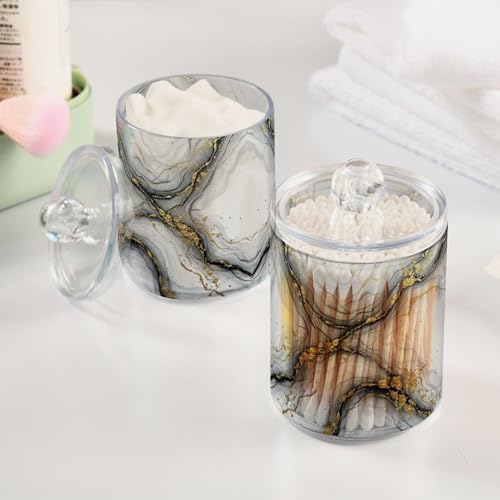 MNSRUU 4 Pack Qtip Holder Organizer Dispenser Marble White Gold Bathroom Storage Canister Cotton Ball Holder Bathroom Containers for Cotton Swabs/Pads/Floss