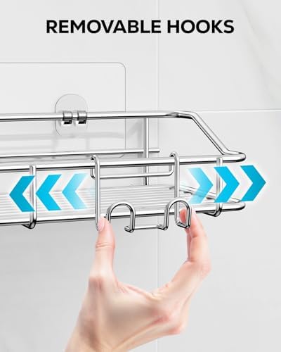 Nieifi Shower Caddy Shelf with Hooks Storage Rack Organizer Adhesive Stainless Steel without Drilling for Bathroom, Lavatory, Washroom, Restroom, Shower, Toilet, Kitchen (Sliver, 3 Pack)