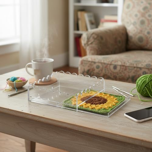 Acrylic Tray for Needlepoint Insert, 9 x 9 Inch Large Clear Scalloped 5MM Acrylic Decorative Tray with Upgraded 2 Magnets Drawer for Display Photos Fabrics Square Organizer Tray for Home Decor Gift