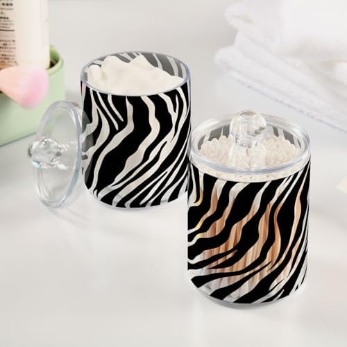 ALAZA White Black Print Zebra 4 Pack Qtip Holder Dispenser for Cotton Swabs, Balls, Pads, Floss 10 oz Plastic Canister Organizer