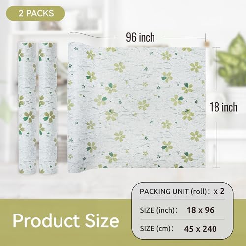 FIFTY FEET 18"x96" Non-Adhesive Shelf Liner for Kitchen Cabinets and Drawers, Washable Non-Slip PVC Cabinet Liner (Green Floral)(2 Roll)