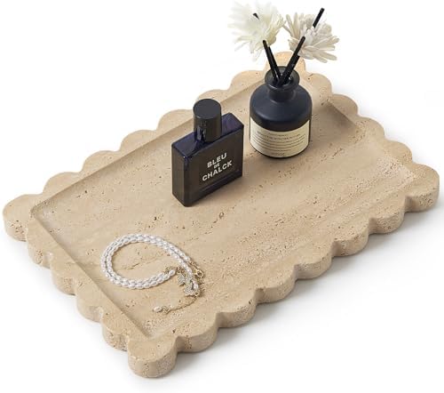 Scalloped Natural Travertine Tray - Decor Stone Tray for Bathroom & Vanity