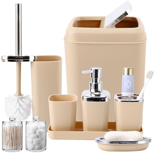 XLHOMO Beige Bathroom Set, Plastic 9-Piece Bathroom Set with Trash Can, Soap Dispenser, Toothbrush Holder, Toothbrush Cup, Soap Dish, Toilet Brush, Tray and Q-tip Holders for Bathroom/Housewarming