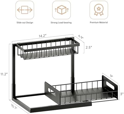 Under Sink Organizer and Storage 2 Pack, Slide Out Cabinet Organizer, Pull Out Sink Shelf for Kitchen Bathroom Laundry, Black