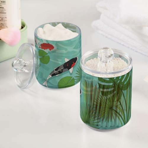 MNSRUU 2 Pack Qtip Holder Organizer Dispenser Watercolor Koi and Lotus Bathroom Storage Canister Cotton Ball Holder Bathroom Containers for Cotton Swabs/Pads/Floss