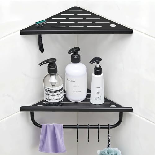 Corner Shower Shelf, 10'' Shower Corner Shelf with Towel Bar & Hooks, 304 Stainless Steel Recessed Bathroom Shelves, Grout in Bathroom Shower Shelf for Tiled Wall, 2-Pack (Matte Black)