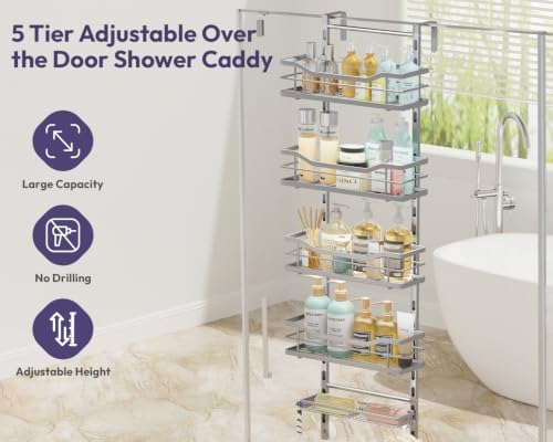 SWTYMIKI Over the Door Shower Caddy - 5 Tier Adjustable Shower Organizer Hanging with Soap Holder, No Drilling Stainless Steel Bathroom Rack Hanging for Body Wash, Shampoo, Soap, Razor, Silver