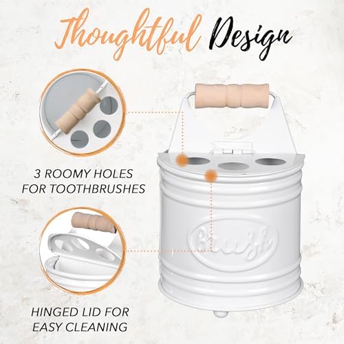 Autumn Alley Kids Bathroom Accessories Set – 2-Piece White Soap Dispenser & Toothbrush Holder, Farmhouse Bathroom Countertop Organizer for Kids, Durable Metal Bathroom Set with Wood Handle