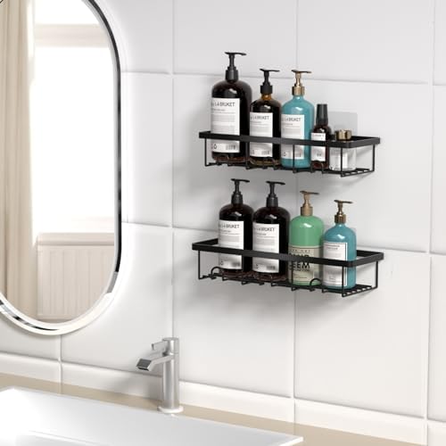 Adhesive Small Wall Shower Caddy Shelves for Inside Shower with Hooks