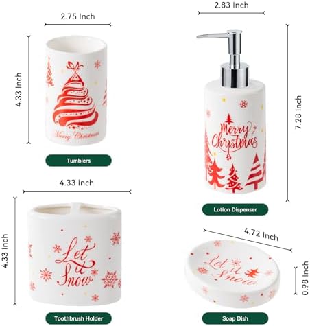 Christmas Bathroom Accessories Set, 4-Piece Ceramic Bathroom Accessory Set Include Lotion Dispenser, Toothbrush Holder Tumbler, and Soap Dish (White)