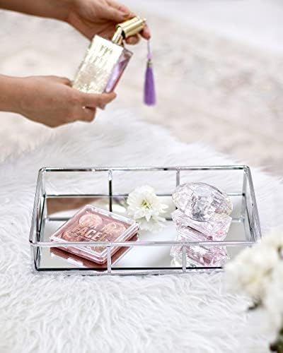 JollyCaper Silver Mirror Vanity Tray, Rectangle 12x8x2 Inches - Jewelry, Perfume, Makeup Organizer - Decorative Metal Tray for Dresser, Bathroom, Living Room, Bar Cart