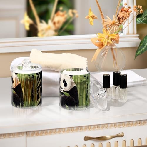 2 Pack Apothecary Jars Bathroom Panda Bear Black Qtip Holder Dispenser Clear Plastic Storage Canister Jar with Lid for Cotton Ball, Cotton Swab