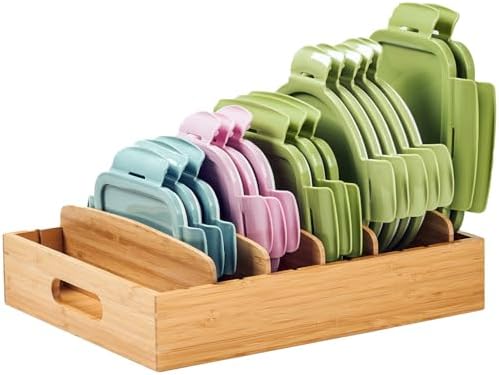 Umilife Large Bamboo Food Container Lid Organizer for Kitchen Cabinet