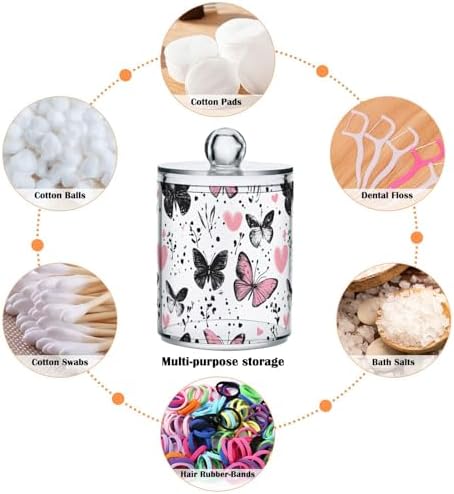 2 Pack Qtip Holder Organizer Dispenser Black Pink Butterflies Hearts Bathroom Storage Canister Cotton Ball Holder Container for Cotton Pads/Swabs/Floss