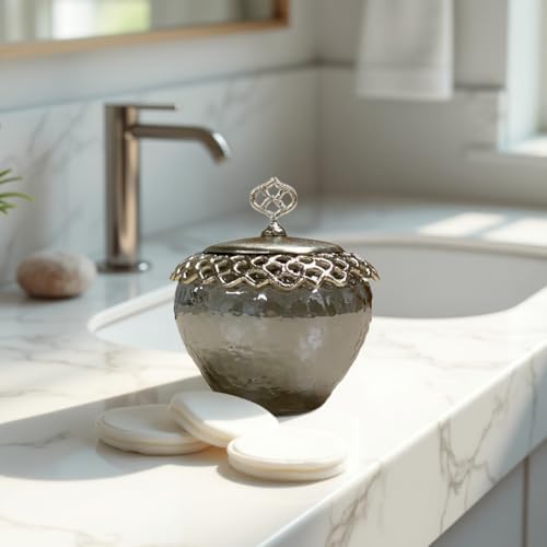 Decozen Qtip Holder and Cotton Jar with Lid - Elegant Glass and Metal Organizer for Decorative Kitchen Home Decor Bath Accessories Countertop Glass Jar Lid Organizer - The Arabesque Collection