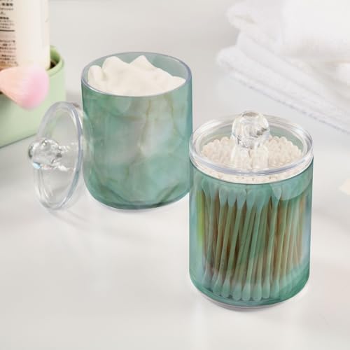 Blueangle 2PCS Green Marble Pattern Qtip Holder Dispenser with Lids - Apothecary Jar Containers for Vanity Organizer Storage - Plastic Food Storage Canisters（182）