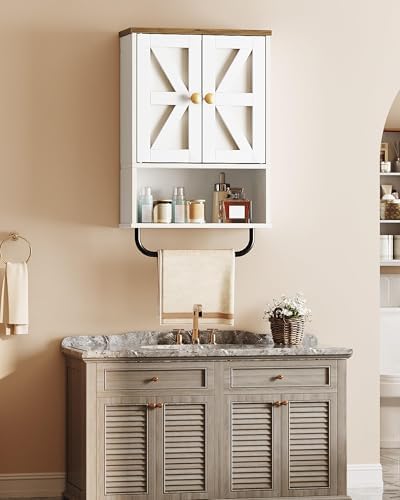 CHOEZON Bathroom Wall Cabinet, Medicine Cabinet with Open Partition and Towel Bar, Rustic Storage Cabinet with Open and Hidden Storage Space, for Bathroom, Living Room, Kitchen, White and Walnut