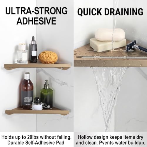 BVL Corner Shower Shelf, 8 Inch Champagne gold 2-PACK Bathroom Corner Organizer, Adhesive Wall Mounted Shower Caddy, Waterproof Rustproof Metal Storage Rack for Shampoo Soap