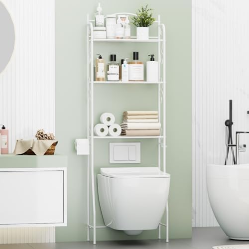 HOME BI Over The Toilet Storage Shelf, 3-Tier Over Toilet Bathroom Organizer Rack, Freestanding Space Saver Toilet Stands with Hooks (White)