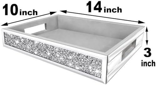 Wocred Mirror Perfume Tray fits Dresser Bedroom,Crushed Diamond Bathroom Tray with Handles，Vanity Tray,Decorative Serving Tray for Coffee Table Decor(14”x 10”x 2.5”)