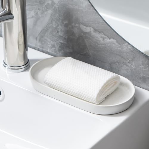Speckled White Round Soap Dispenser Tray - 8'' Ceramic Vanity Tray for Bathroom Decorative, Jewelry Ring Dish, Comestic Holder, Kitchen Sink Countertop Organizer Plate
