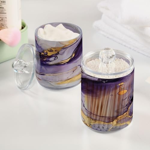 MNSRUU 2 Pack Qtip Holder Organizer Dispenser Purple Transparent Waves Marble Bathroom Storage Canister Cotton Ball Holder Bathroom Containers for Cotton Swabs/Pads/Floss