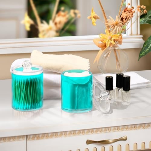 Gredecor 4 Pack Cyan Qtip Holder Organizer Dispenser Clear Bathroom Storage Canister Cotton Ball Holder Bathroom Containers for Cotton Swabs/Pads/Floss