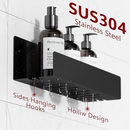 Qeke Shower Caddy, 12" Bathroom Shower Shelf Organizer with 2 Hooks, SUS304 Stainless Steel Floating Shower Shelves with Large Capacity, Rustproof Shower Rack for Inside Shower, Matte Black