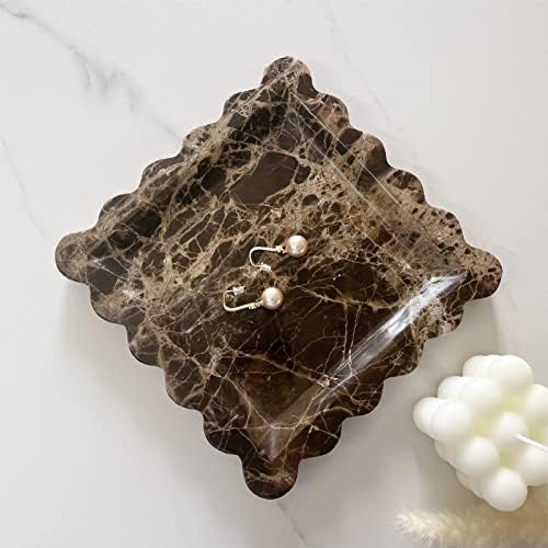 Vintage Natural Marble Tray Small Ornaments Scalloped Tray Handmade Storage Dish for Counter, Vanity, Dresser, Nightstand and Desk (Coffee Net)