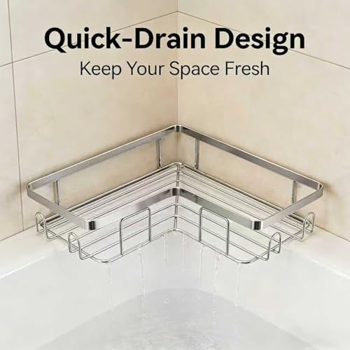 Shower Caddy 2 Pack, Stainless Steel No Drilling Adhesive Bathroom Organizer Shelf Rack, Corner Shower Shelf with Hooks for Home Decor & Storage