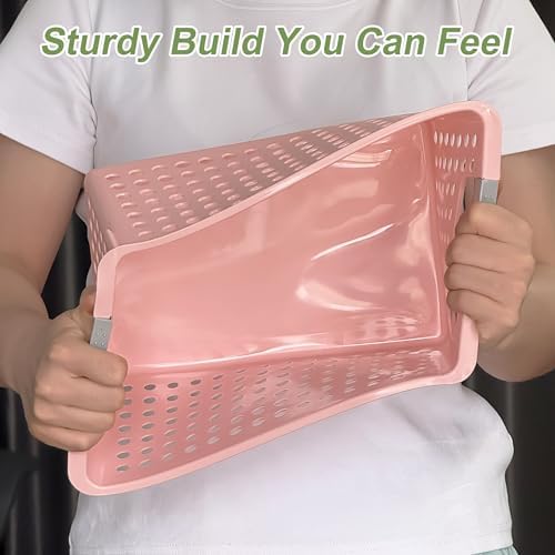Soddeph 4 Pack Plastic Storage Basket with Handles, Small Deep Organizer Bin with Hollow Design for Under Counter, Shelf, Closet, Kitchen or Bathroom (Pink, Small)