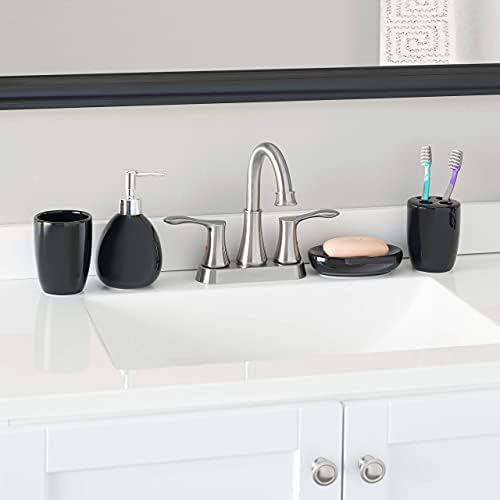 4-Piece Ceramic Bathroom Set (Black), By Home Basics | Contemporary Design Bathroom Accessory Sets | Accessories For Bathroom | Includes Soap Dish, Tumbler, Toothbrush Holder, and Lotion Dispenser