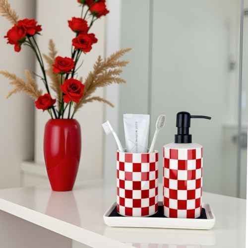 Bathroom Toothbrush Holder Set, Ceramic Soap Dispenser and Tooth Brush Holder Set, Bathroom Accessories Sets Countertop, Modern Red and White Checkered Bathroom Decor