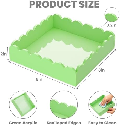 Scalloped Acrylic Tray, 8x8 Inch Glossy Green Acrylic Decorative Tray for Home Decor, Acrylic Organized Tray for Bathroom Vanity Countertop Square Display Tray for Perfume (Square Green)