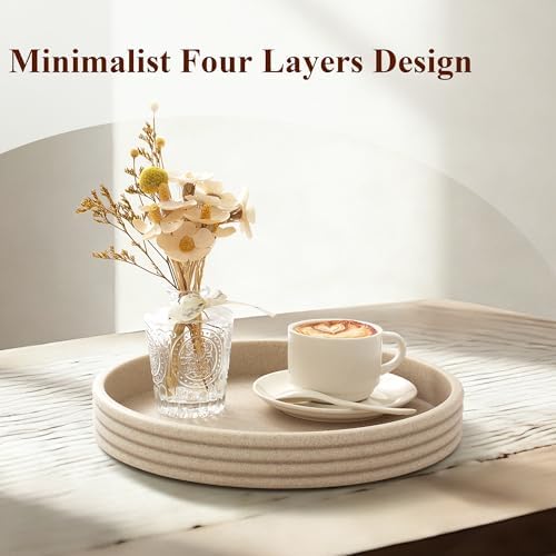 Round Decorative Tray, Modern Coffee Table Tray Decor 11" Resin Beige Tray