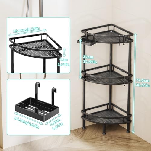 HapiRm Standing Corner Shower Caddy - 3 Tier Shower Organizer Corner with Soap Holder and 4 Hooks, Rustproof Bathroom Storage Shelves with Adhesives, Black