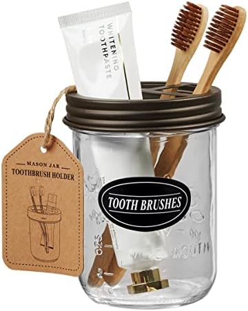 3 Pack Apothecary Jar Canisters Bathroom Vanity Organizer for Qtips,Cotton Swabs+Mason Jar Toothbrush Holder with 16 Ounce Ball Mason Jar - Rustic Farmhouse Decor Black Bathroom Accessories - Bronze