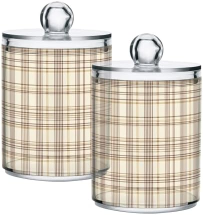 ALAZA 2 Pack Qtip Holder Brown Beige Plaid Pattern, Cotton Swab Dispenser with Lid Bathroom Containers Canister Organizer Storage Jar