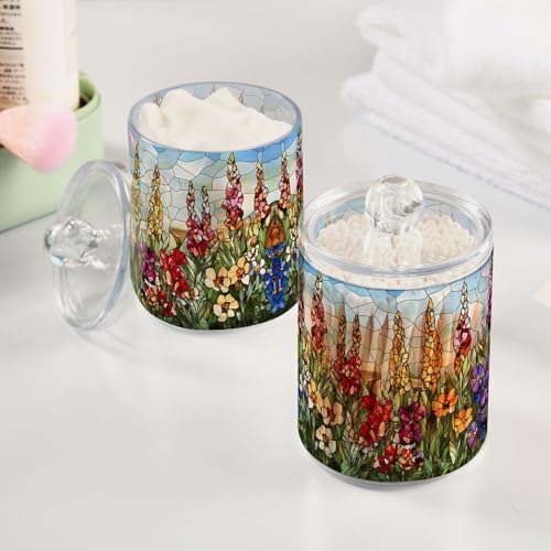 MNSRUU 2 Pack Qtip Holder Organizer Dispenser Art Flowers Bathroom Storage Canister Cotton Ball Holder Bathroom Containers for Cotton Swabs/Pads/Floss