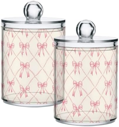 ALAZA Bow Plaid 4 Pack Qtip Holder Dispenser for Cotton Swabs, Balls, Pads, Floss 10 oz Plastic Canister Organizer