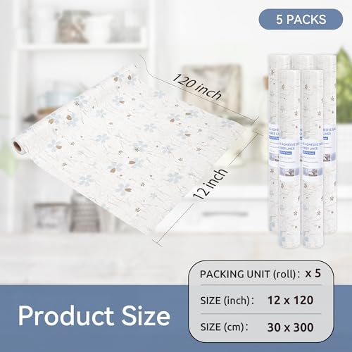 FIFTY FEET 12"x120" Non-Adhesive Shelf Liner for Kitchen Cabinets and Drawers, Washable Non-Slip PVC Cabinet Liner (White Floral)(5 Roll)