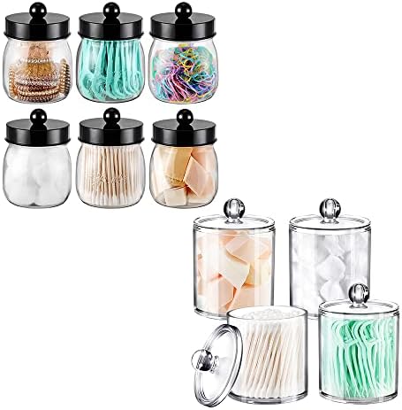 SheeChung Farmhouse Decor Apothecary Jar Set,Mason Jar Bathroom Vanity Storage Organizer Canister Qtip Holder Makeup Organizer for Cotton Balls,Swabs,Pads,Bath Salts (10PCS,Black&Clear)