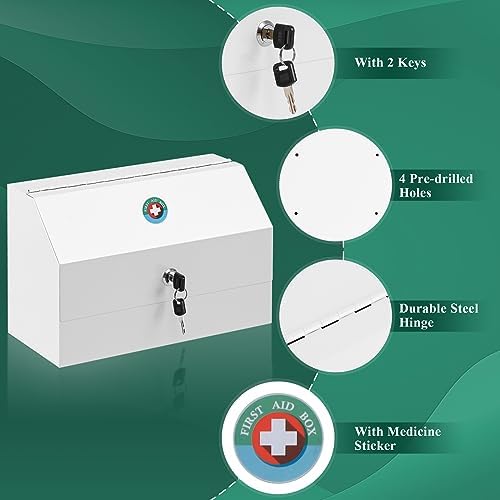 KYODOLED Medicine Lock Box with Keys, Wall Mount Steel Cabinet, White