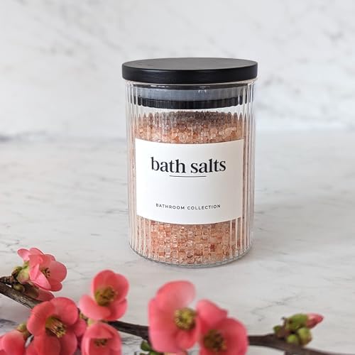 Mason & Fable Ribbed Glass Bathroom Jars with Black Bamboo Lids | Cotton Pad / Swab / Q tip | Bath Salt / Clear Vanity Apothecary Storage Canister Organizer-10fl.oz, Set of 2