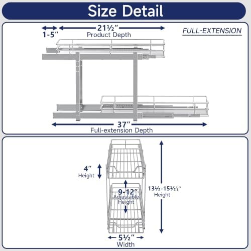 2-Tier Pull Out Cabinet Organizer, 5.5" W x 21.5" D, Heavy Duty Dual Slide Out Shelves for Narrow Base Cabinets, Chrome Wire Basket Drawer for Spices, Bottles & Snacks