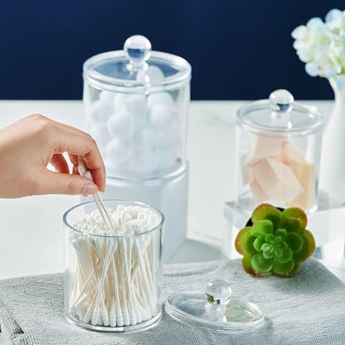 SheeChung 4 Pack Acrylic Qtip Holder with Labels, Qtip Jars for Bathroom