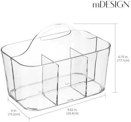 mDesign Small Plastic Shower/Bath Storage Organizer Caddy Tote with Handle for Dorm, Shelf, Cabinet - Hold Soap, Shampoo, Conditioner, Combs, Brushes, Lumiere Collection, Clear