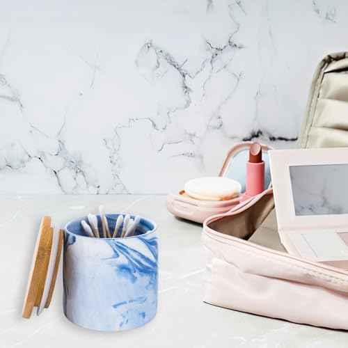 Blue Qtips Dispenser, Marble Cotton Ball Holder, Bathroom Storage Jars for Storage Cotton Swab, Round Pads, Floss Picks (2Pcs)