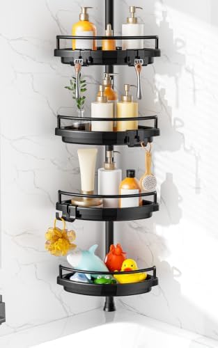 HAMITOR Corner Shower Caddy Tension Pole: Adjustable Stainless Steel Shower Organizer 4 Tier Shelf for Bathroom Bathtub Shampoo - Floor Standing Rack Bath Storage Holder with Rust Proof Rods - Black